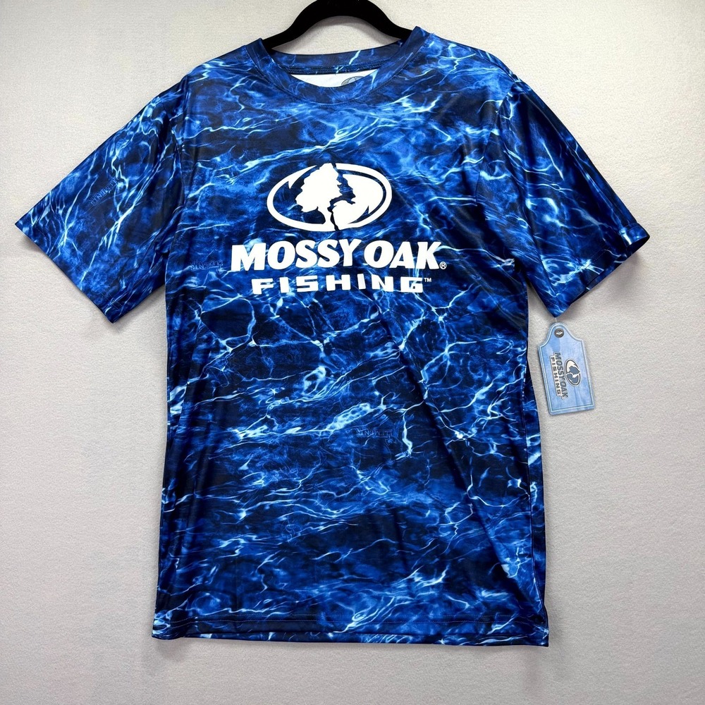 Mossy Oak Elements Fishing T‎ Shirt Mens Medium Blue Water Camo Crew Performance